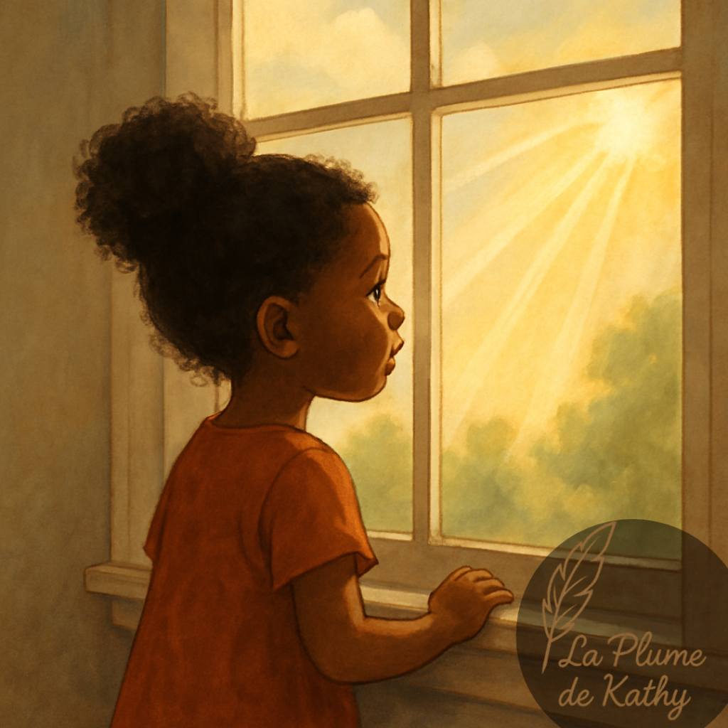 Petite fille regardant la lumière du soleil à travers une fenêtre - illustration pour un blog d'encouragement et de foi.